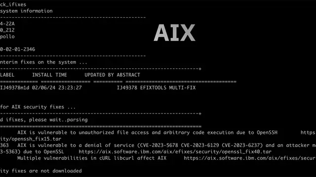 Screenshot of an IBM AIX 7.3 terminal showing commands of IBM's Unix system