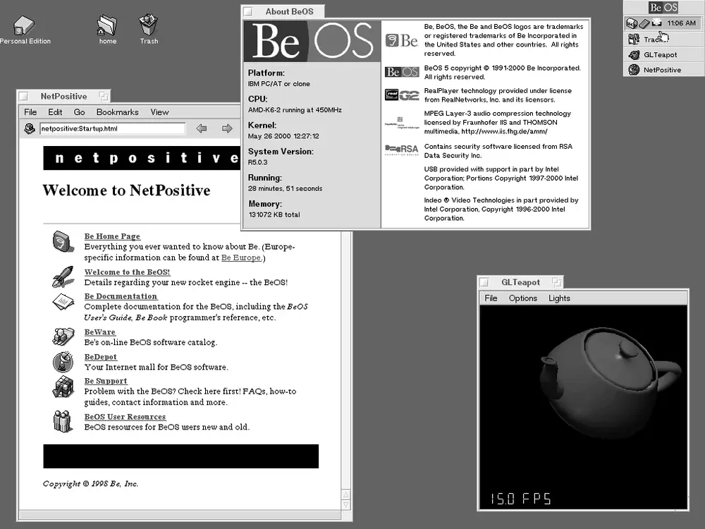 Screenshot of the original BeOS desktop with its multimedia interface