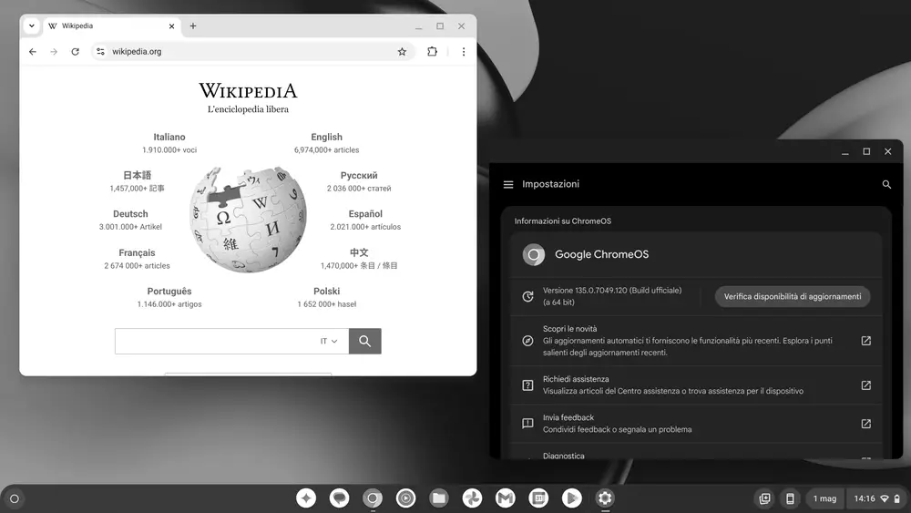 Screenshot of the ChromeOS 135 desktop with its app shelf and wallpaper