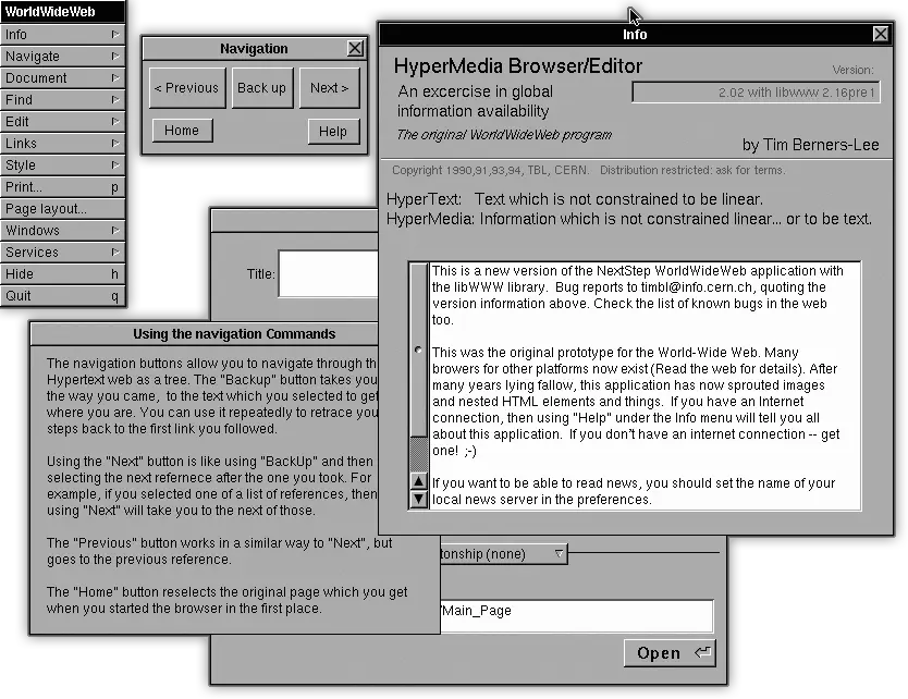 Screenshot of the WorldWideWeb browser, the first web browser, running on NeXTSTEP