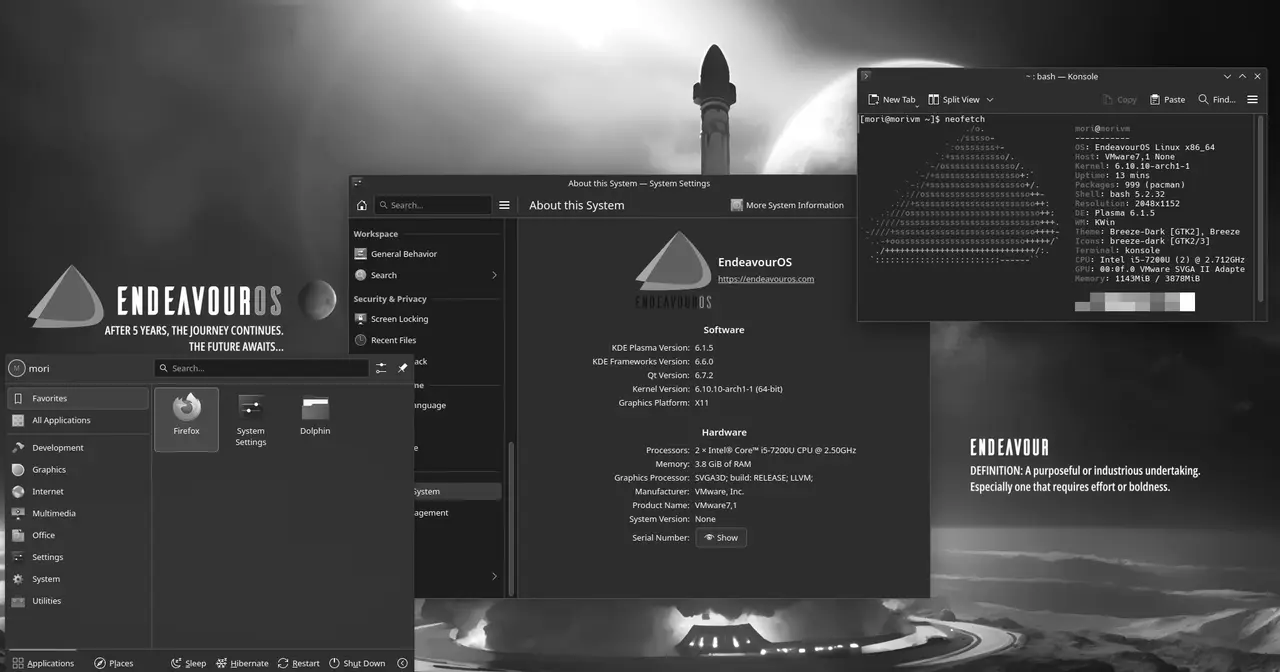 Desktop screenshot of EndeavourOS on a recent Neo release