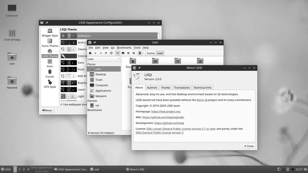 LXQt 2.0.0 desktop with the Ambiance theme, built on the Qt toolkit