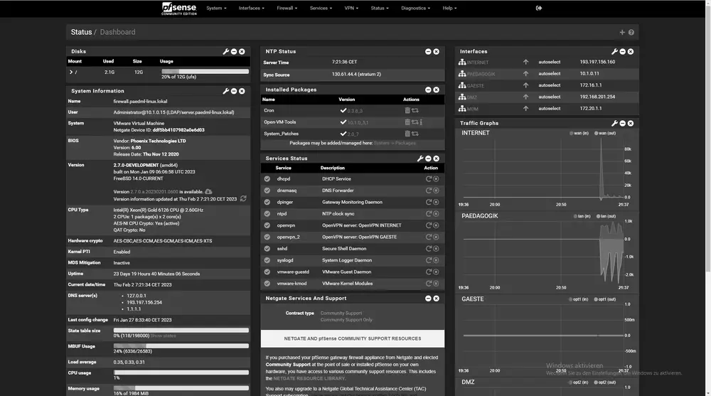 Web interface dashboard of pfSense 2.7.0, the firewall built on top of FreeBSD