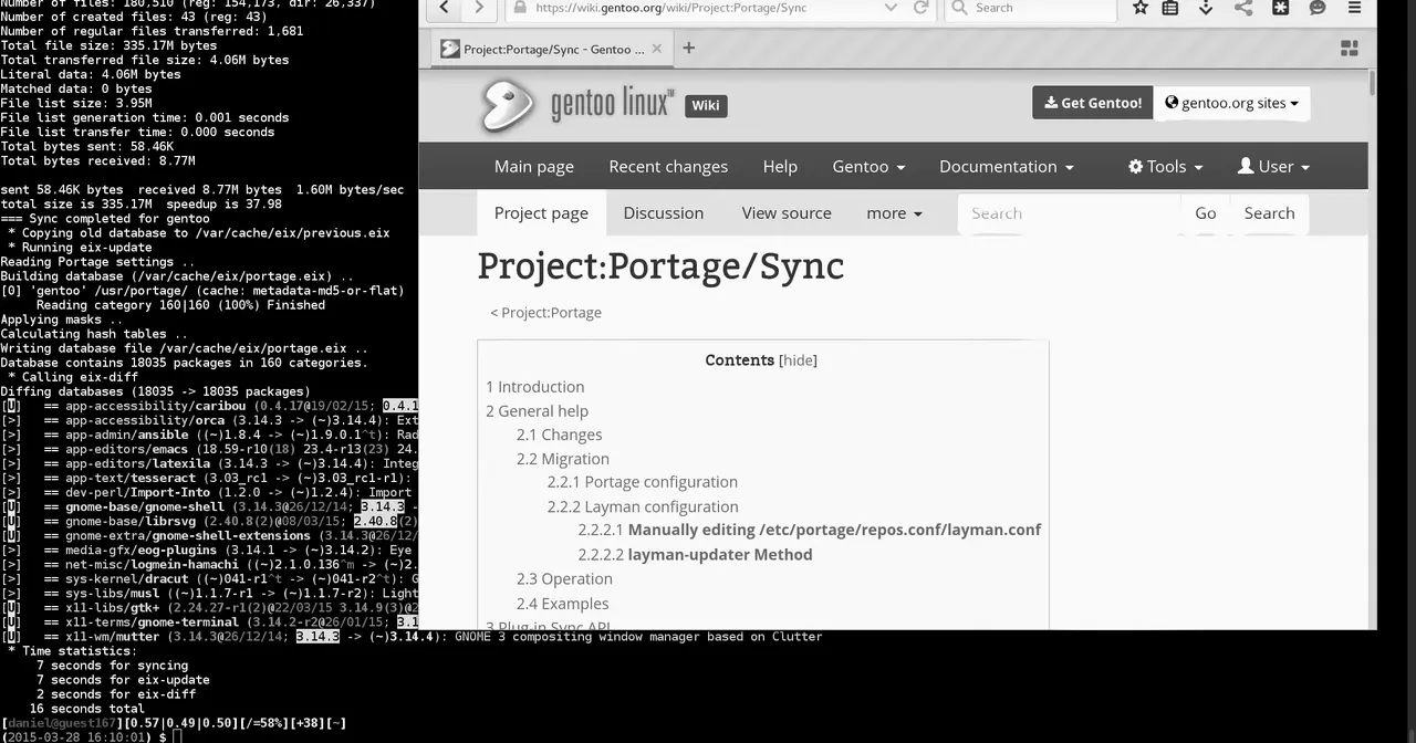 Gentoo GNOME desktop with a terminal showing a Portage sync and eix-diff output, and Firefox open on the Project:Portage/Sync page of the Gentoo wiki