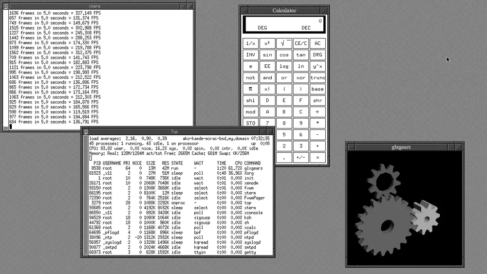 Screenshot of the OpenBSD 7.0 desktop with the FVWM window manager, showing a minimalist graphical environment