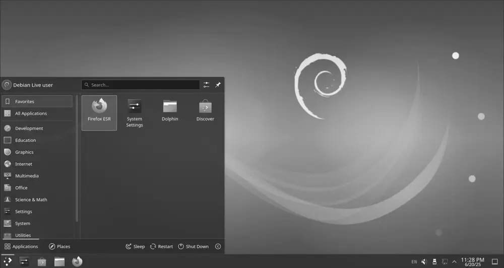 Screenshot of the KDE Plasma desktop with the application menu open in Debian 12