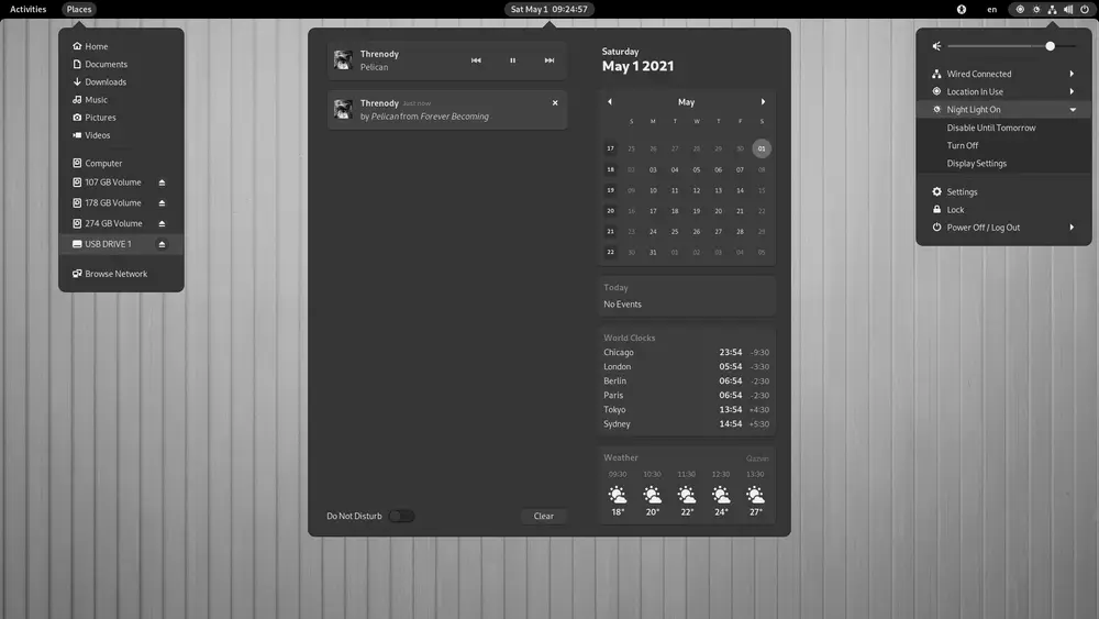 Screenshot of GNOME Shell 40 showing the modern activities overview