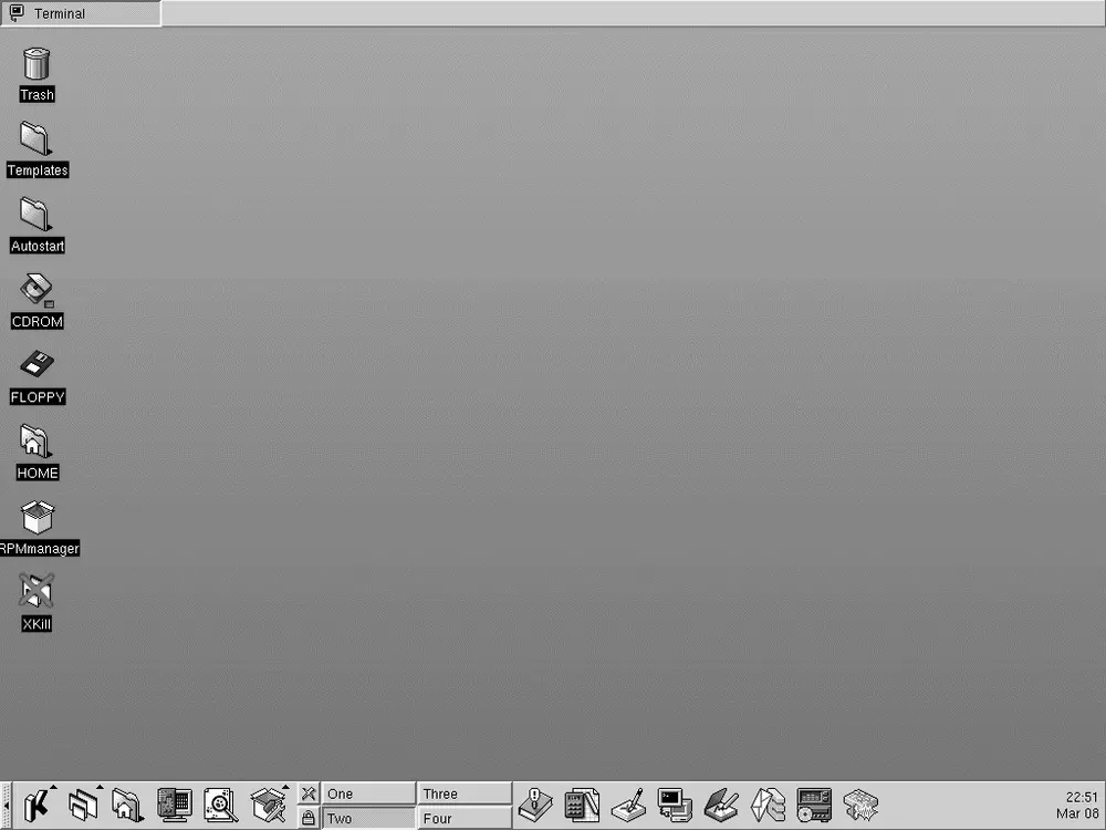 Screenshot of the KDE 1.0 desktop, the first stable release launched in 1998