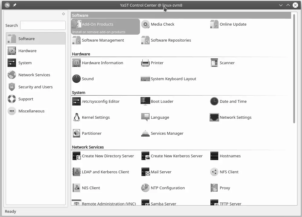 YaST control center in openSUSE