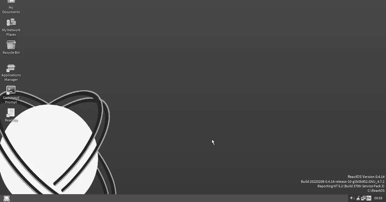 The ReactOS 0.4.14 desktop, reproducing the look of classic Windows