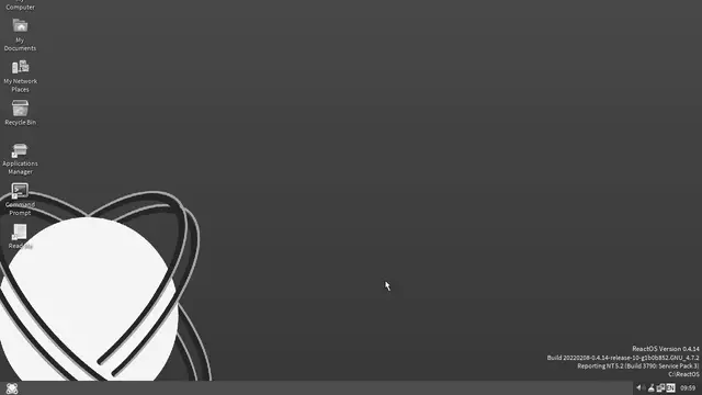 The ReactOS 0.4.14 desktop, reproducing the look of classic Windows