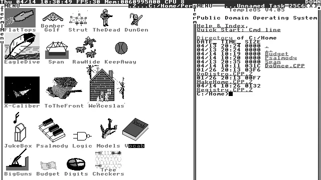 Screenshot of TempleOS 4.05 showing the personal menu with application icons and the command prompt in 640x480 with 16 colors