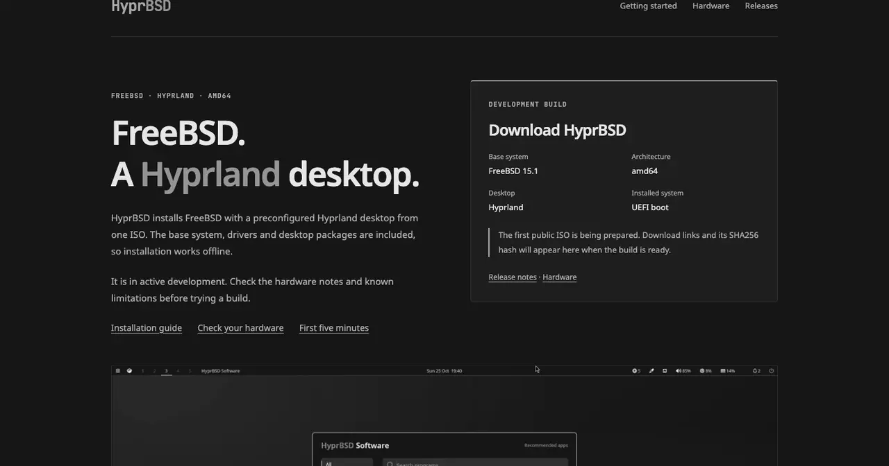 HyprBSD website homepage, with the tagline "FreeBSD. A Hyprland desktop.", a development build box based on FreeBSD 15.1 for amd64 and, below it, the HyprBSD Software app store open on the desktop