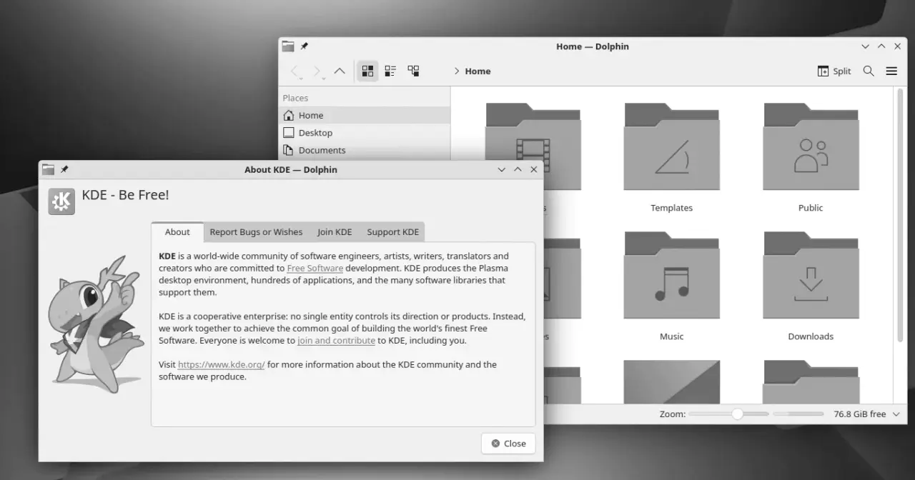 The KDE Plasma desktop with its bottom panel and application launcher
