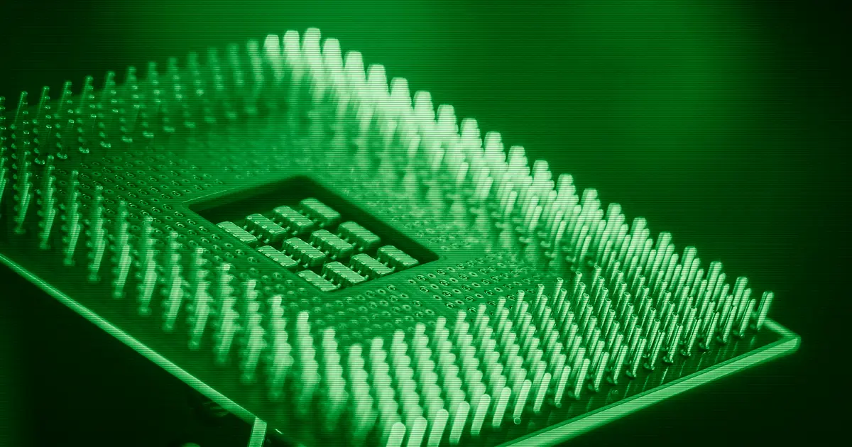 Macro close-up of a computer processor with its gold pins