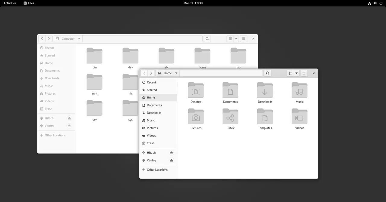 NixOS GNOME desktop showing the Files file manager and the default theme