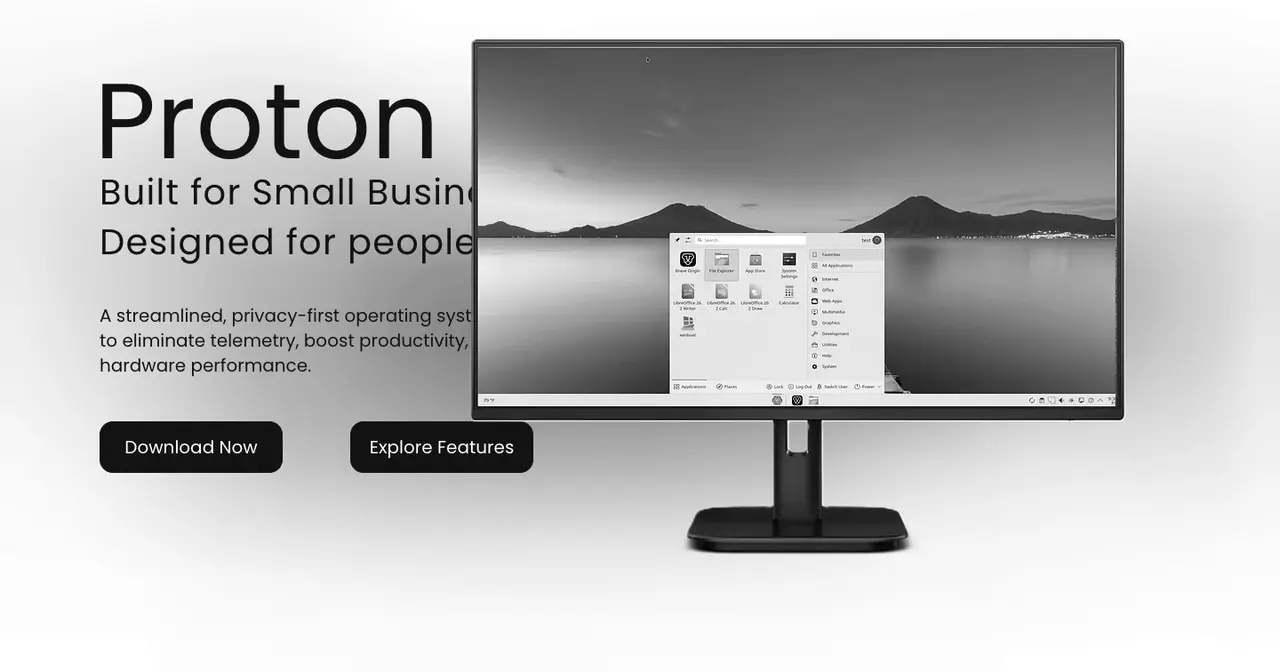 Proton OS website homepage, with the "Built for Small Business" tagline and a monitor showing the KDE Plasma desktop with the start menu open