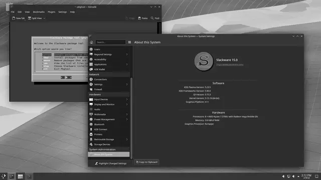 Slackware 15.0 desktop with KDE Plasma 5, showing pkgtool and System Settings