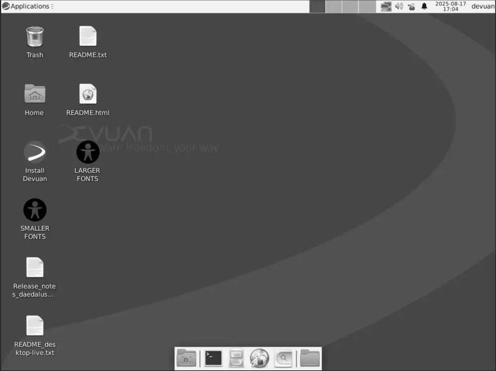 Default Xfce desktop of Devuan 5 Daedalus, the distribution born as a Debian fork without systemd