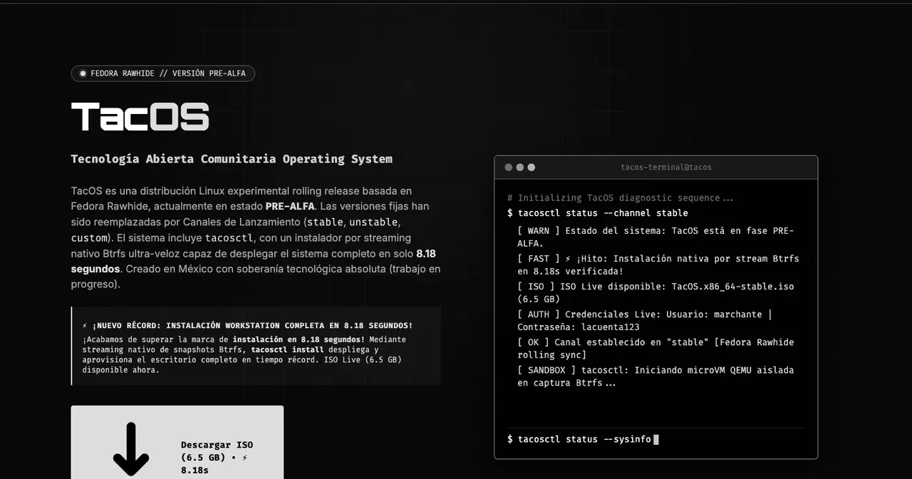 TacOS website homepage, with the logo, the pre-alpha Fedora Rawhide notice and a terminal showing the output of tacosctl status