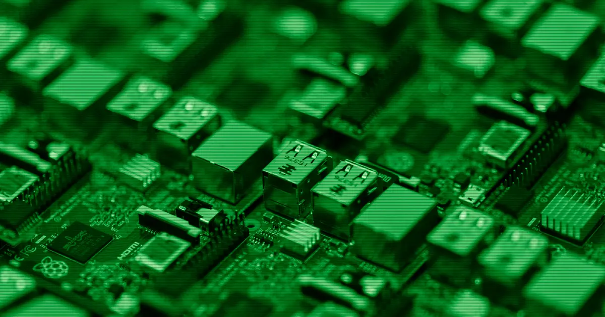 Close-up of a Raspberry Pi board showing its ports and components